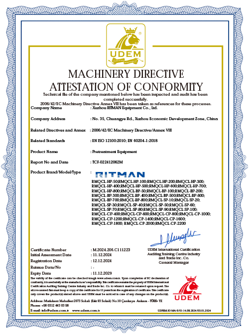 Certificat&nbsp;CE pour l'&eacute;quipement de pr&eacute;traitement